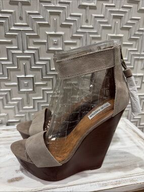 Steve Madden Taupe Suede Clear Panel Platform Wedge Sandals